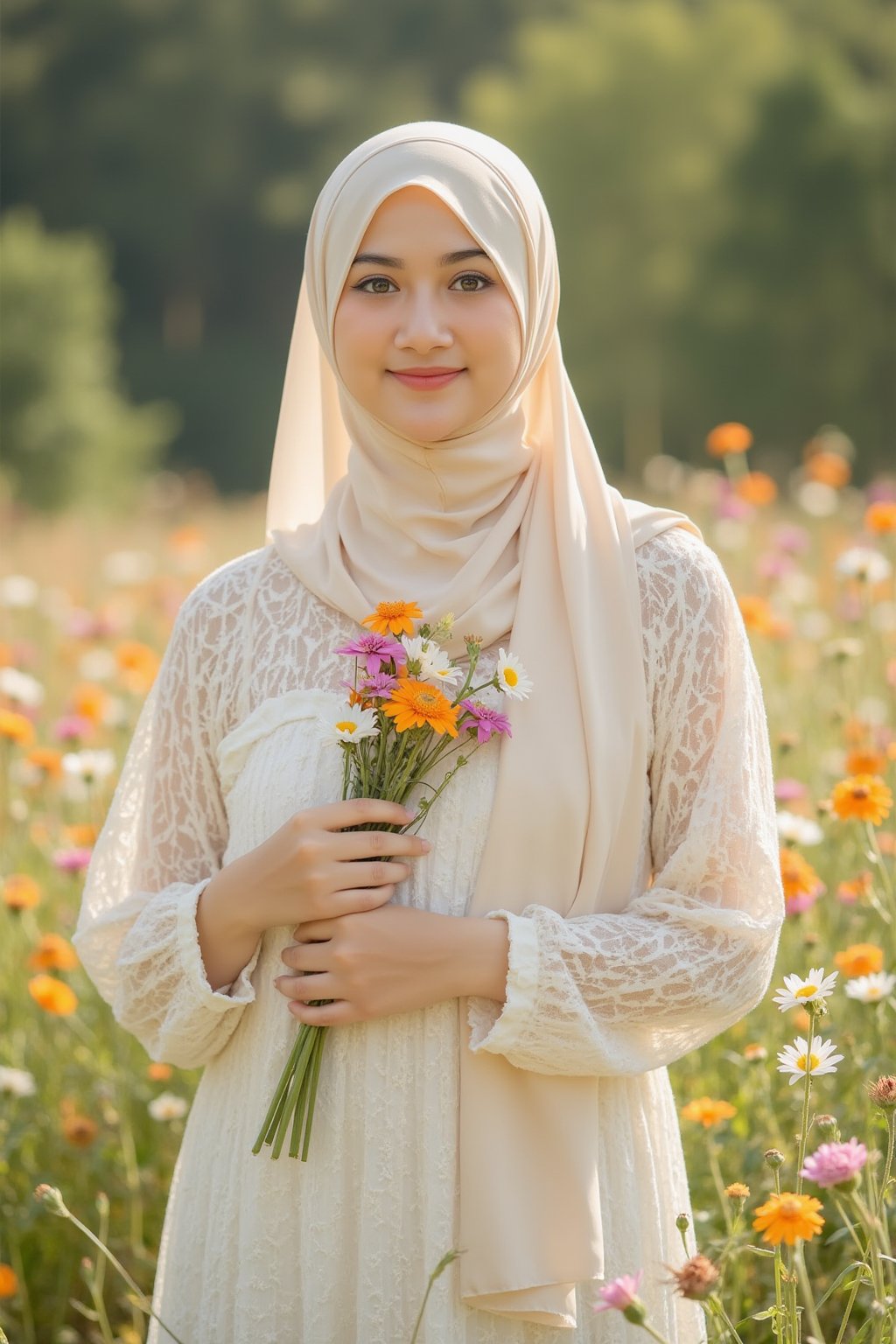 A stunningly front view beautiful AdelliaHalim wearing hijab embodying the essence of femininity, fertility, and purity, standing gracefully in a sunlit meadow filled with blooming wildflowers. Her long, cream hijab covered head, reminiscent of golden wheat, cascades down her back, catching the light and shimmering like a halo around her. She wears a delicate, ethereal gown made of soft, sheer fabric that billows gently with the breeze, accentuating her graceful figure and evoking a sense of innocence and serenity.

The camera captures her from a low, upward angle, emphasizing her stature and the divine quality of her presence, making her appear as if she is emerging from nature itself. The sunlight filters through the trees, creating a dappled effect around her, and illuminating her flawless skin, which glows with a natural radiance. Her deep green eyes, reflecting the beauty of the meadow, are filled with warmth and compassion, inviting viewers to connect with her essence.

In one hand, she holds a cluster of vibrant wildflowers, symbolizing life and fertility, while the other gently rests on her heart, signifying love and purity. The background is a soft blur of colorful flowers and greenery, creating a dreamy atmosphere that enhances her ethereal beauty. This portrait captures not only the visual appeal but also the profound essence of womanhood, leaving viewers in awe of the stunning portrayal of femininity and grace.