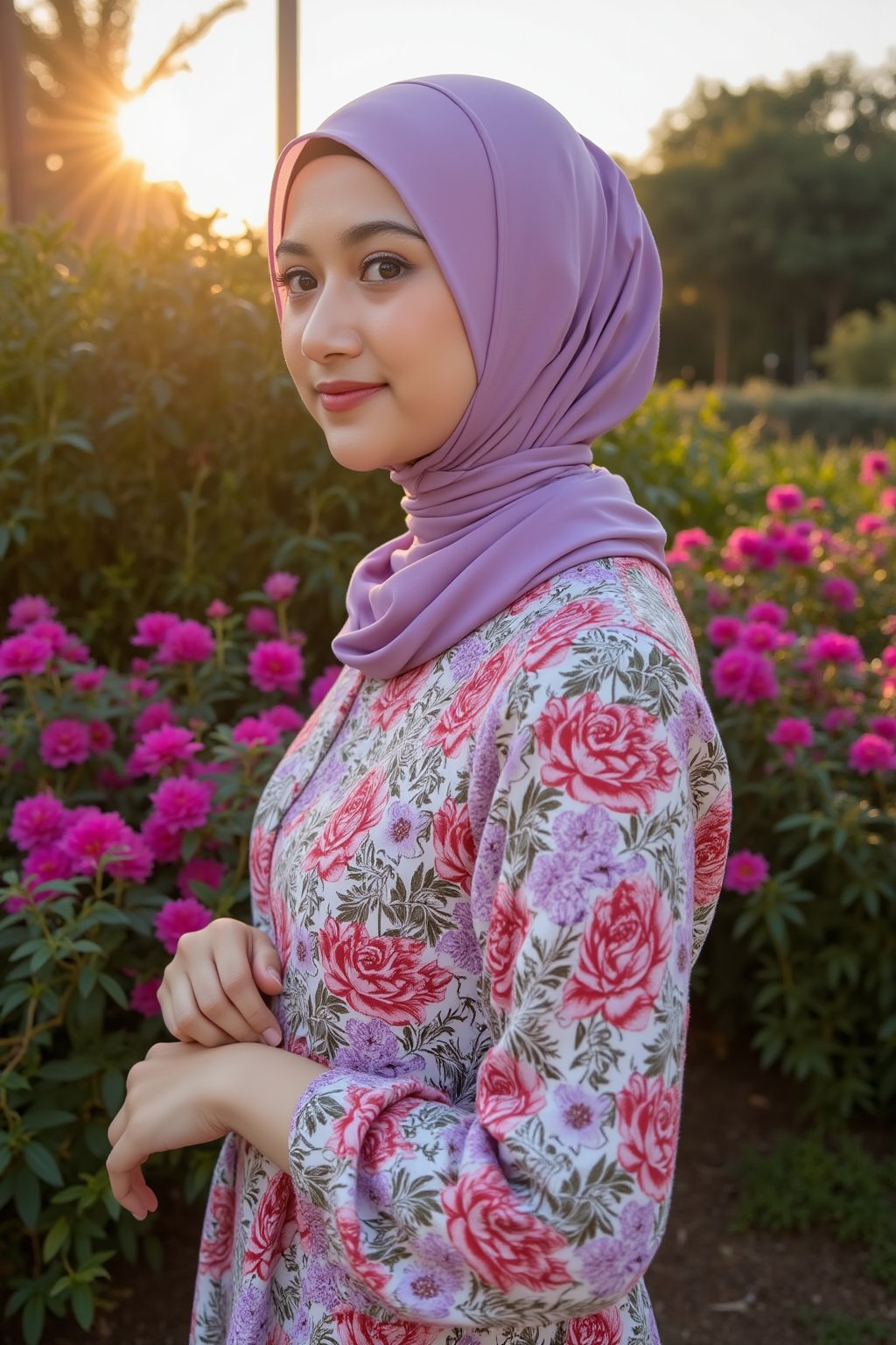 fashion photography, AdelliaHalim wearing purple hijab, modern fashion, urban lighting, minimalist garden background, maximalist color flower pattern clothing, unexpected color pattern, branded clothing, iranian model, hijab, the background of a large sun flower garden clear summer dusk. dslr, 4k, 120fps, ultra realistictography, fashion shot, multiple options with different shoot angles.