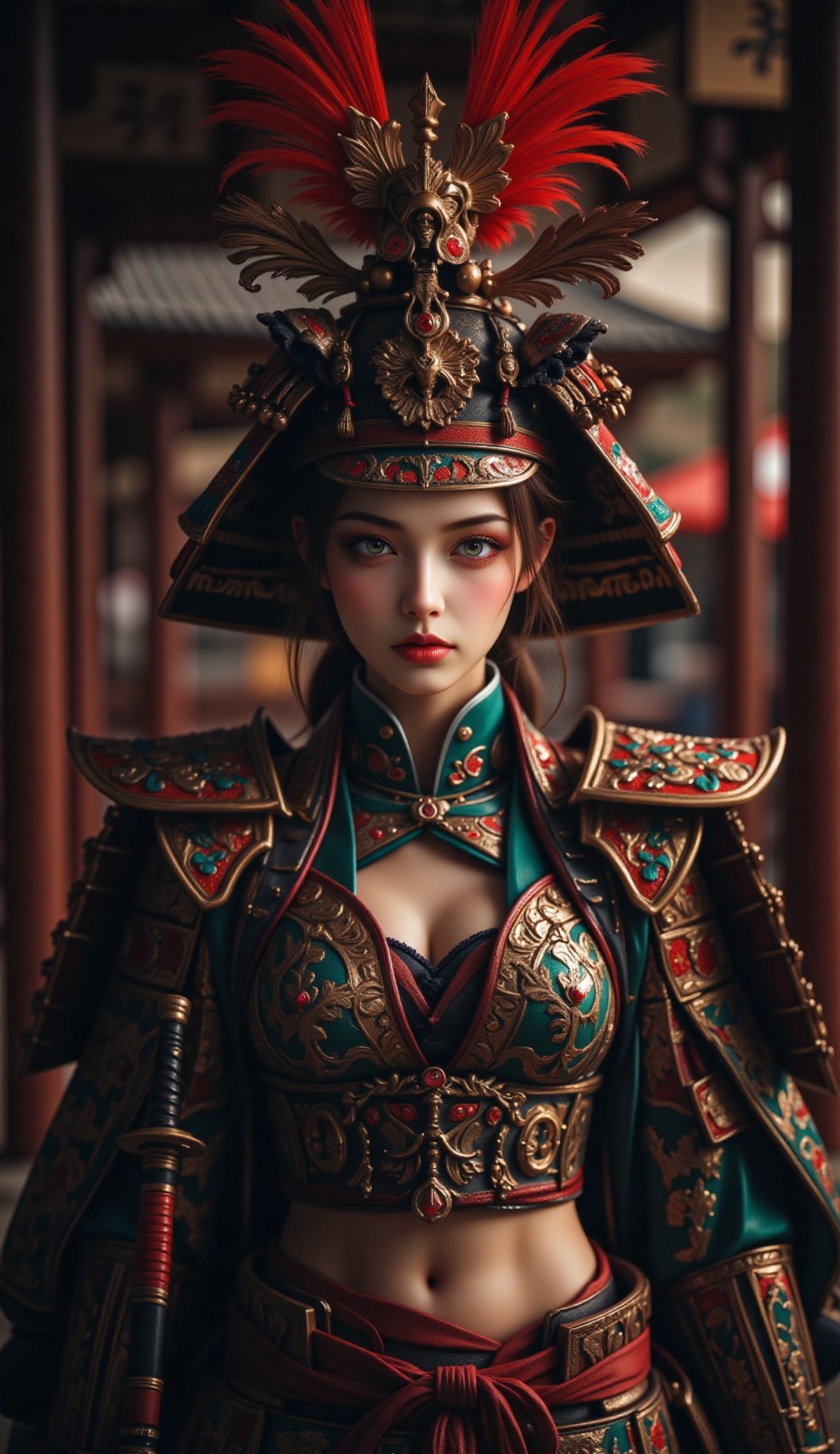 a beautiful samurai woman,crop top showing navel,holding a Japanese katana sword,wearing a traditional Japanese samurai hat,detailed facial features,intricate armor,ancient Japanese architecture background,cinematic lighting,highly detailed,photorealistic,8k,dramatic pose,vibrant colors,strong chiaroscuro,mystical atmosphere
SamuraiArt