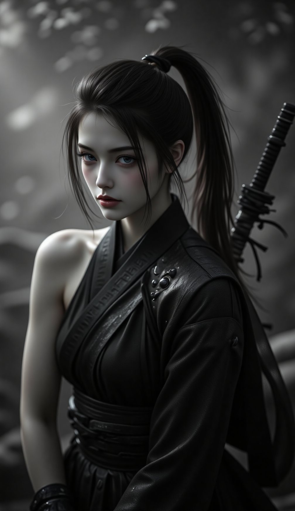 samurai girl, in the style of black and white realism, atmospheric impressionism, darkly romantic realism, pre-raphaelite realism, grainy, black and white photos, soft-focused realism SamuraiArt