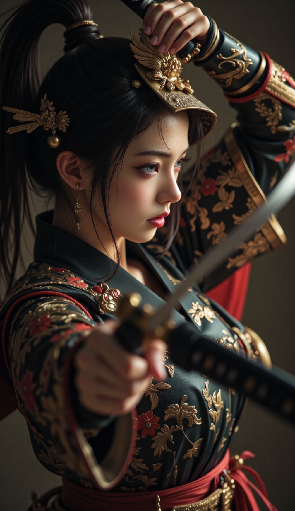 (best quality), (masterpiece), (detailed), (beautiful detailed eyes), (good hands), (masterpiece: 1.2, top quality), (live action, intrie detail), (8k, polished image), , 1 lady,Beautiful girl, long black hair, dark eyes, ponytail, karate, high kick, martial arts hall, audience,samurai, armor, wearing samurai helmet,,cat,samurai,Japanese sword,yoroi,katana,samurai girl SamuraiArt