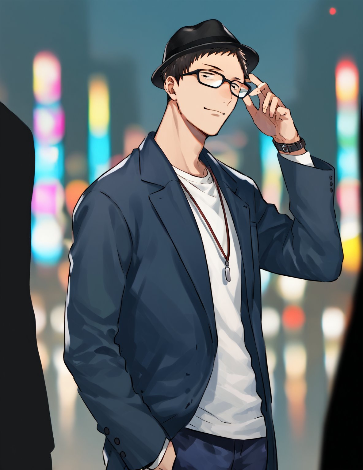 score_7_up, score_8_up, source_anime, 1boy, solo focus, yashiro kizuku, white shirt, dark_blue_jacket, necklace, hat, glasses, outdoor, city, slim