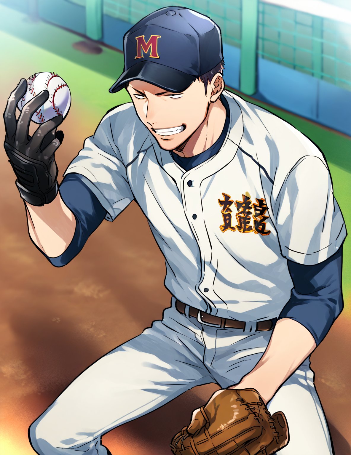 score_7_up, score_8_up, source_anime, 1boy, solo focus, yashiro kizuku, baseball_cap, sports_jacket, grin, baseball_glove, slim