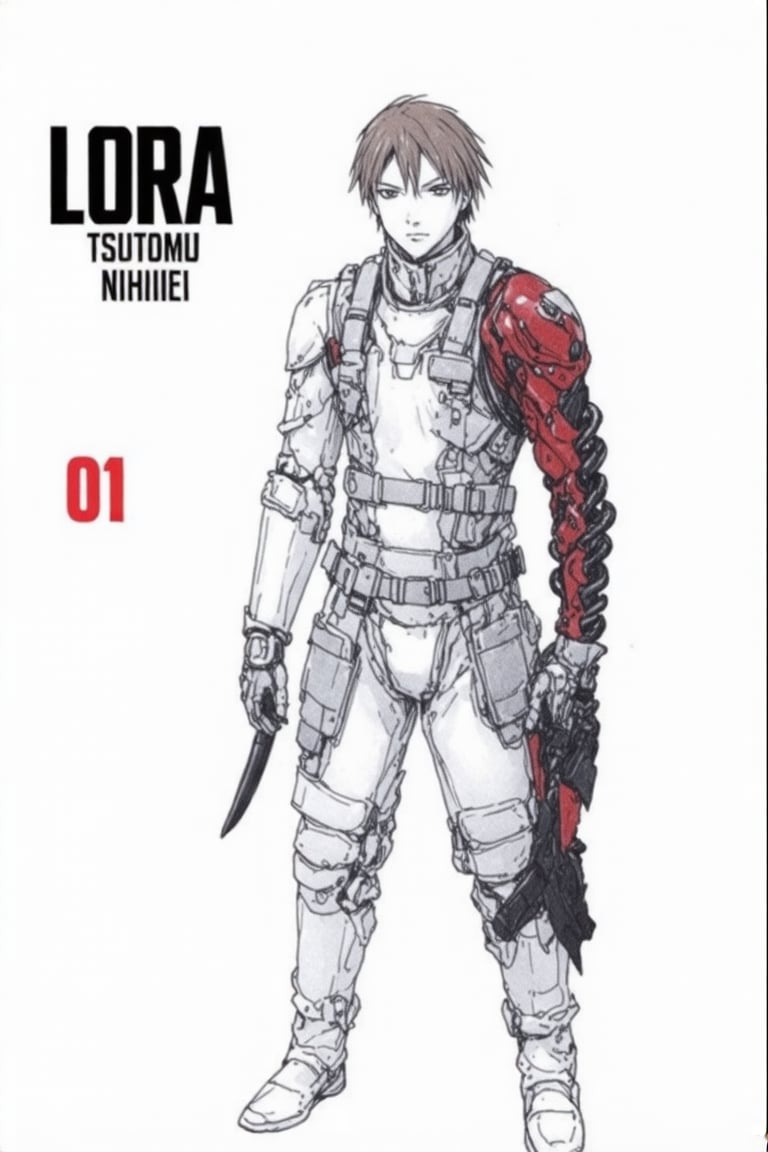 This image is a digital drawing in a manga style, depicting a character named Tsutomu Nihiei from the manga series "LORA." The character is a young man with short, light brown hair and a serious expression. He is dressed in a bulky, white, armored suit with numerous straps and buckles, giving it a rugged and utilitarian appearance. The suit is detailed with intricate stitching and padding, suggesting it is designed for protection and durability. 

The character's right arm is replaced by a mechanical prosthetic, which is red and black and appears to be a weapon or a tool. The prosthetic has a jagged, sharp edge, indicating its potential for combat. A long, black, coiled tube is attached to his suit, possibly for a weapon or communication purposes.

The background is plain white, which makes the character and his gear stand out prominently. The number "01" is in the lower left corner in large, bold red text, indicating the volume number of the manga series. Above the character's head, the words "LORA" are in bold, black, uppercase letters, with "TSUTOMU NIHIEI" in smaller, black text underneath. The overall art style is gritty and realistic, emphasizing the character's