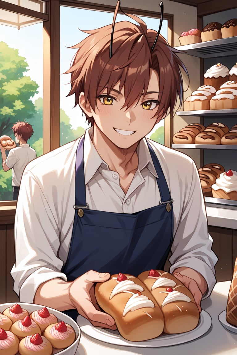 score_9,score_8_up,score_7_up,score_6_up,score_5_up,score_4_up,source_anime,Akio Furukawa,male,man,yellow eyes,reddish brown hair,antennae on top, smile, holding bread, bakery, detailed bakery, pastries, sexy