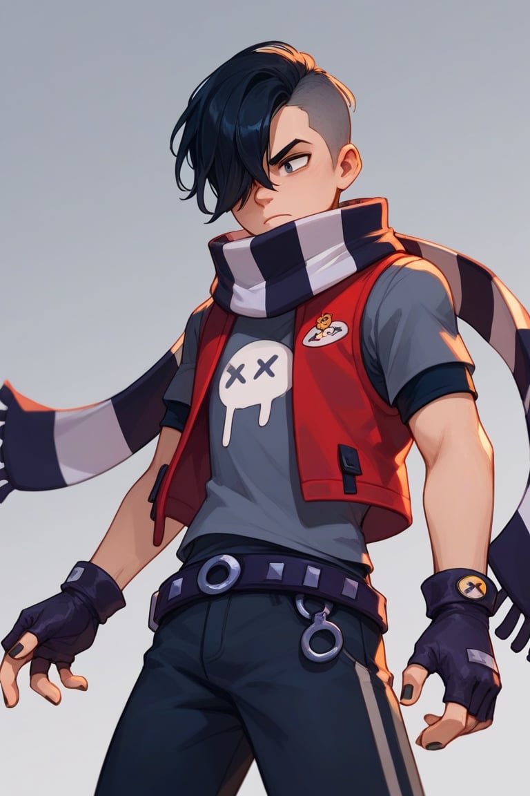 Score_9, Score_8_up, Score_7_up,bsedgar, 1boy, short hair, black hair, hair over one eye,striped scarf,red vest, grey shirt,short sleeves, belt, black pants,black gloves, fingerless gloves, black nails