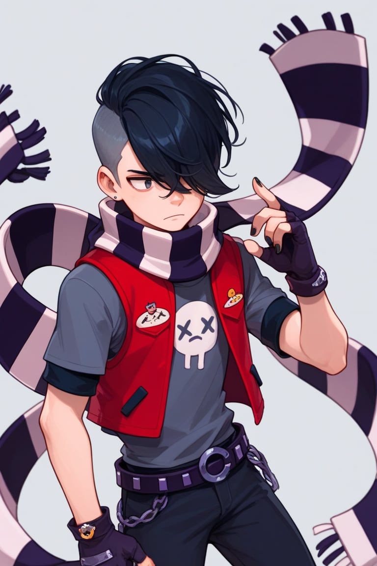 Score_9, Score_8_up, Score_7_up,bsedgar, 1boy, short hair, black hair, hair over one eye,striped scarf,red vest, grey shirt,short sleeves, belt, black pants,black gloves, fingerless gloves, black nails