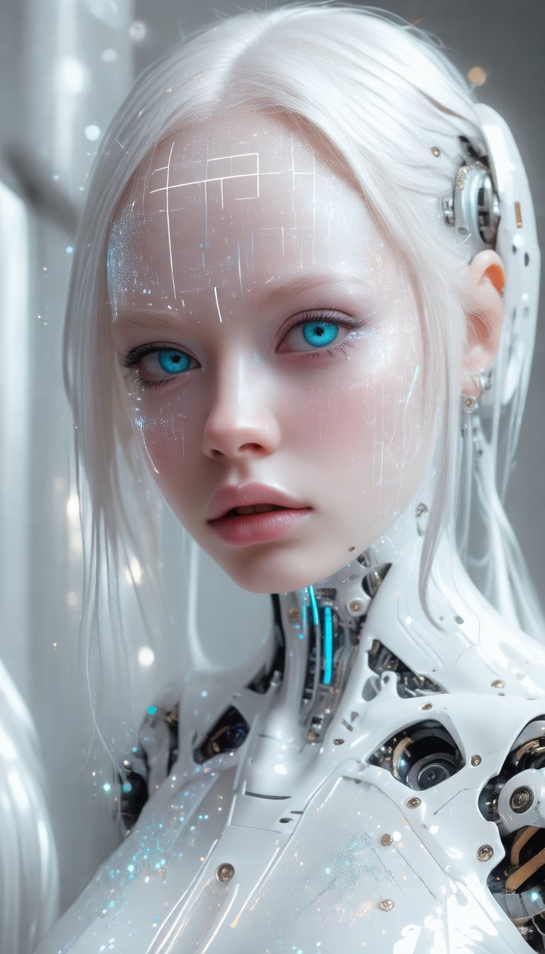 girl, focus on the face, professional photography, futuristic white makeup with geometry and mechanism, an albino girl with blue eyes, white skin, white hair, cyberpunk, mirror reflections, glare, lots of sequins, shimmer on the body, ocular inclusions, sub-surface scattering