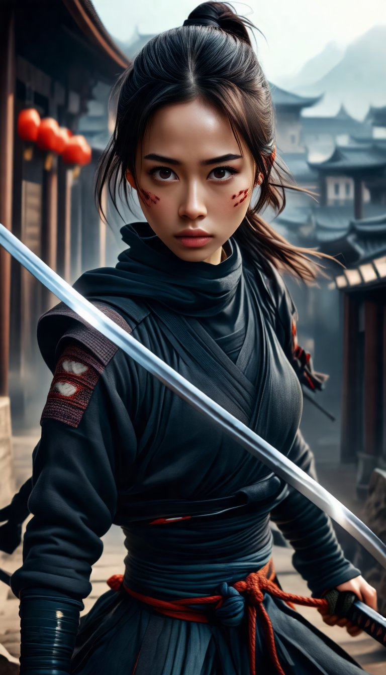 beautiful woman as ninja, dynamic pose, by Yoshitaka Amano, cinematic scene is hyper detailed, with insane details beautifully color graded using pencil, the depth of field, super resolution, megapixel, cinematic lighting, anti aliasing, post processing, post production, tone mapping, insanely detailed and intricate,Multi-panel Composition Style,SH