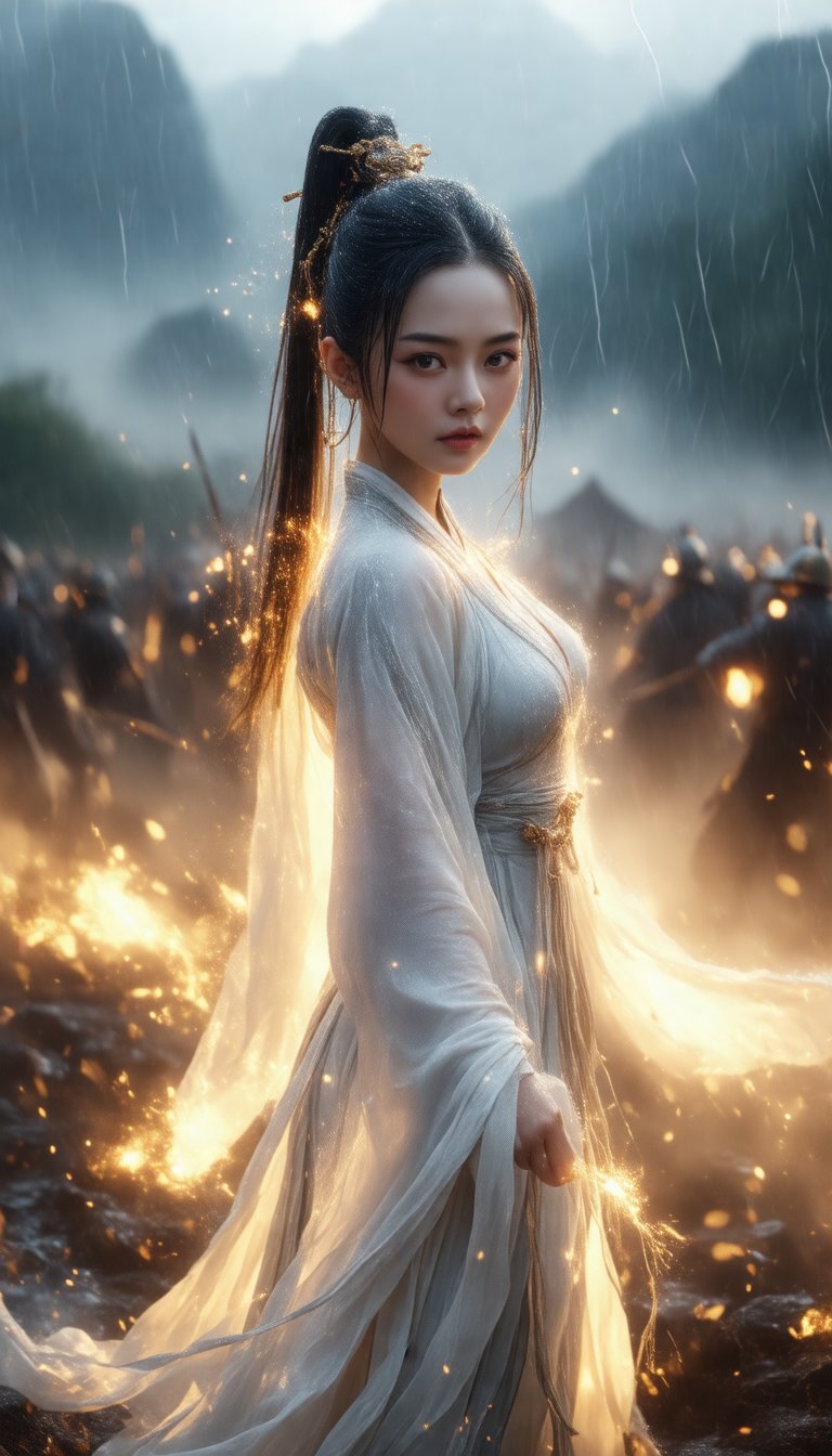 A breathtaking image of a stunning Chinese Wuxia woman posing confidently on a misty battlefield, surrounded by sparks and particles. Her revealing white Wuxia costume glistens with iridescent lighting, as if the very fabric shimmers in harmony with her captivating gaze. Framed against a cinematic backdrop of digital art illustration, she stands firm amidst the chaos of thunderstorm, heavy rain, and strong wind. Her long straight ponytail hair flows behind her like a river of gold, while her beautiful face and eyes radiate an air of regal elegance.