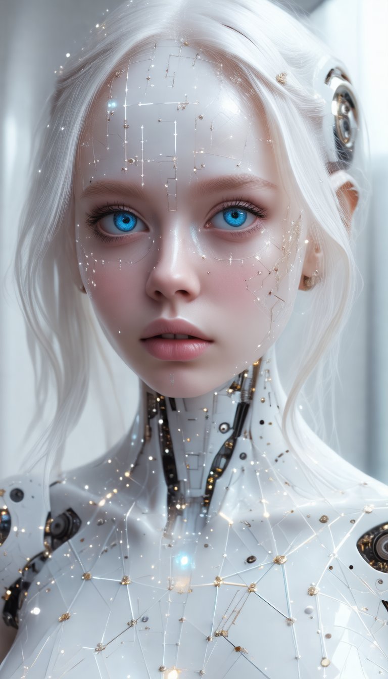 girl, focus on the face, professional photography, futuristic white makeup with geometry and mechanism, an albino girl with blue eyes, white skin, white hair, cyberpunk, mirror reflections, glare, lots of sequins, shimmer on the body, ocular inclusions, sub-surface scattering