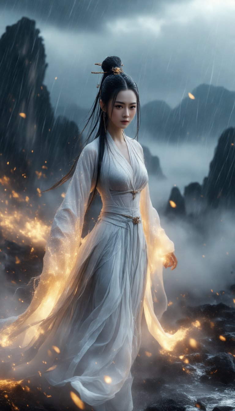 A breathtaking image of a stunning Chinese Wuxia woman posing confidently on a misty battlefield, surrounded by sparks and particles. Her revealing white Wuxia costume glistens with iridescent lighting, as if the very fabric shimmers in harmony with her captivating gaze. Framed against a cinematic backdrop of digital art illustration, she stands firm amidst the chaos of thunderstorm, heavy rain, and strong wind. Her long straight ponytail hair flows behind her like a river of gold, while her beautiful face and eyes radiate an air of regal elegance.