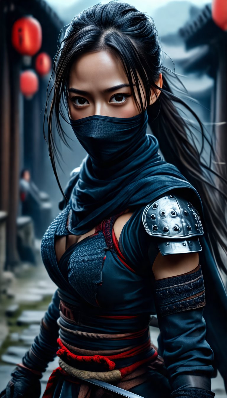 beautiful woman as ninja, dynamic pose, by Yoshitaka Amano, cinematic scene is hyper detailed, with insane details beautifully color graded using pencil, the depth of field, super resolution, megapixel, cinematic lighting, anti aliasing, post processing, post production, tone mapping, insanely detailed and intricate,Multi-panel Composition Style,SH