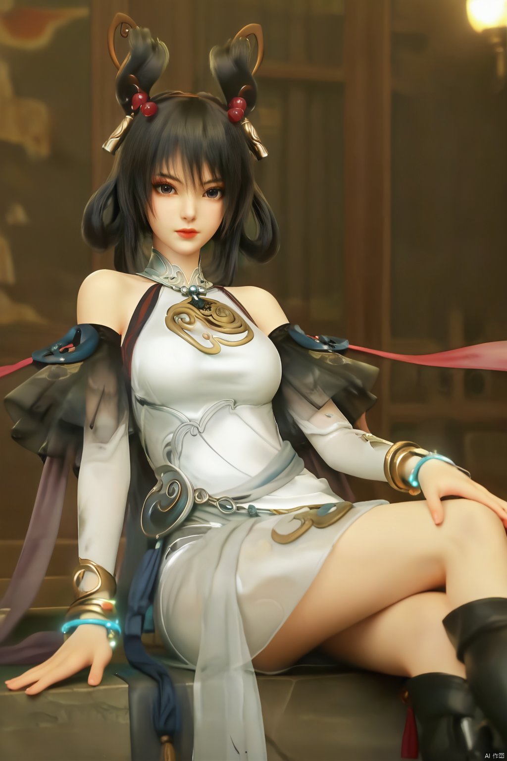 masterpiece, best quality, masterpiece,best quality,official art,extremely detailed CG unity 8k wallpaper,1girl,solo,looking at viewer,black hair,hair ornament,bare shoulders,jewelry,detached sleeves,bracelet,cosplay,hair rings,bangle,white dress,see-through,long sleeves,shawl,ribbon,bridal gauntlet,single gauntlet,china dress,tassel,chinese clothes,boots,indoors,sitting