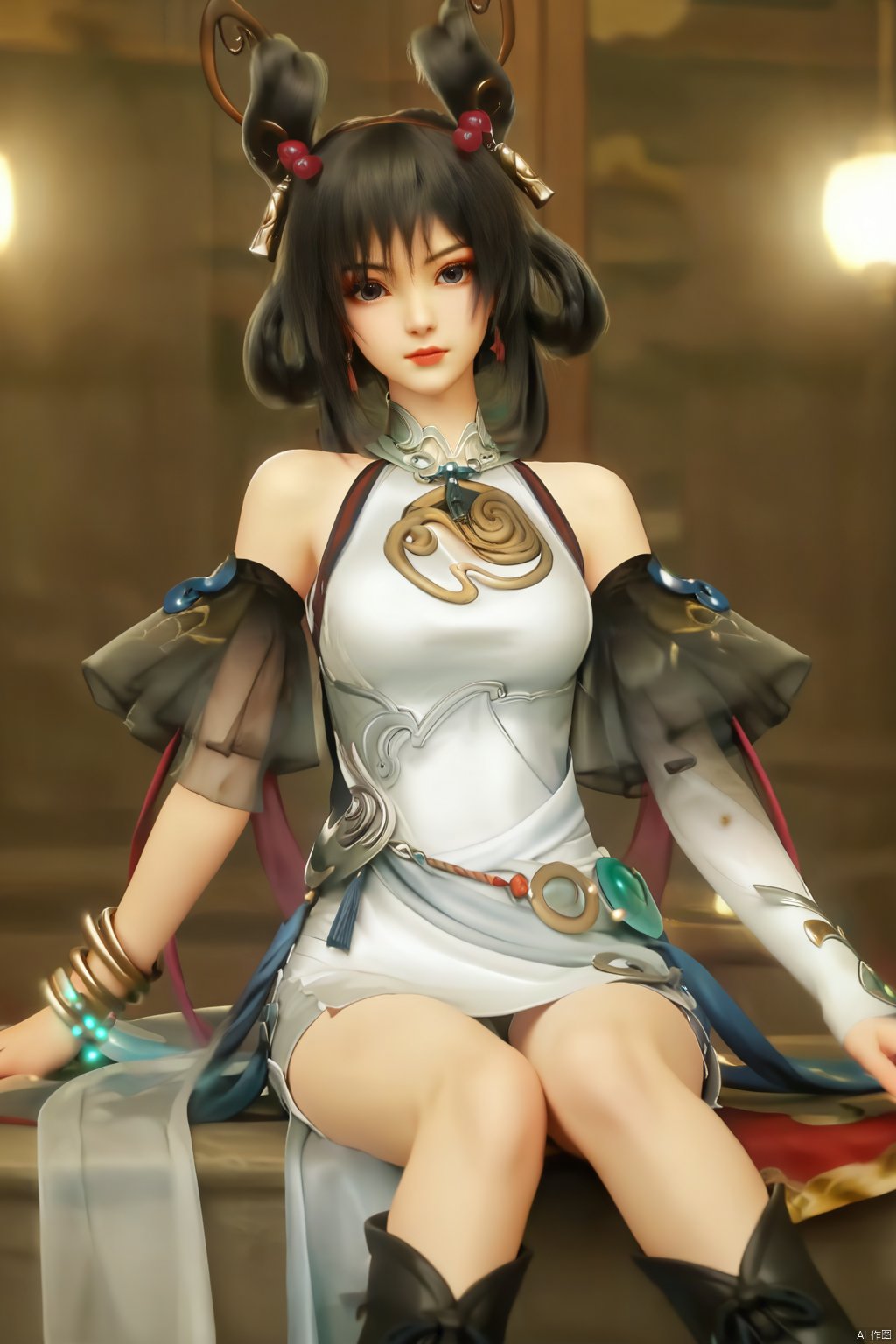 masterpiece, best quality, masterpiece,best quality,official art,extremely detailed CG unity 8k wallpaper,1girl,solo,looking at viewer,black hair,hair ornament,bare shoulders,jewelry,detached sleeves,bracelet,cosplay,hair rings,bangle,white dress,see-through,long sleeves,shawl,ribbon,bridal gauntlet,single gauntlet,china dress,tassel,chinese clothes,boots,indoors,sitting