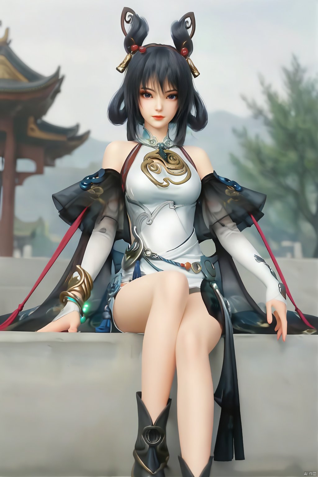 masterpiece, best quality, masterpiece,best quality,official art,extremely detailed CG unity 8k wallpaper,1girl,solo,looking at viewer,black hair,hair ornament,bare shoulders,jewelry,detached sleeves,bracelet,cosplay,hair rings,bangle,white dress,see-through,long sleeves,shawl,ribbon,bridal gauntlet,single gauntlet,china dress,tassel,chinese clothes,boots,outdoors,sitting