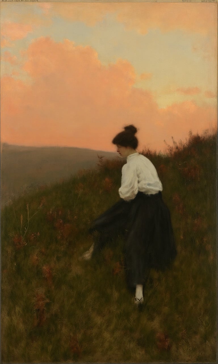 sargent_x,oil painting style, 1800s, Victorian Style, dramatic mood,The image shows a young woman sitting on a grassy hillside. She is wearing a white blouse, black trousers, and black shoes. Her hair is tied up in a messy bun and she is looking down at the ground with a contemplative expression on her face. The sky is a beautiful orange and pink color, indicating that it is either sunrise or sunset. The hillside is covered in dry grass and shrubs, and there is a dirt path winding through it. The overall mood of the image is peaceful and serene.,oil painting style, 1800s, Victorian Style, dramatic mood