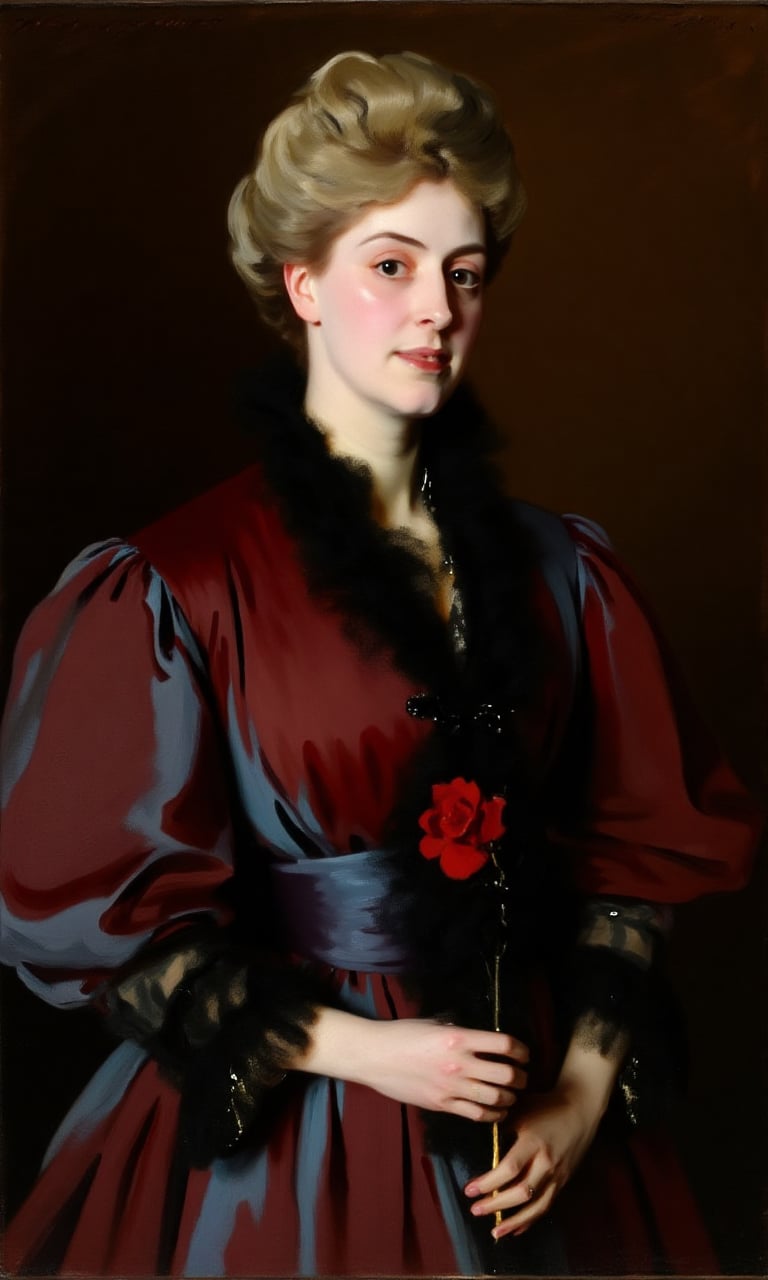 sargent_x, oil painting style, 1800s, Victorian Style, dramatic mood, Oil painting portrait of a young woman with blonde hair styled in an updo. She is wearing a red and blue dress with a black ruffled collar. The dress has a high neckline and long sleeves. The woman is holding a red rose in her right hand and is looking directly at the camera with a serious expression on her face. The background is a dark brown color, making the woman the focal point of the image.,oil painting style, 1800s, Victorian Style, 