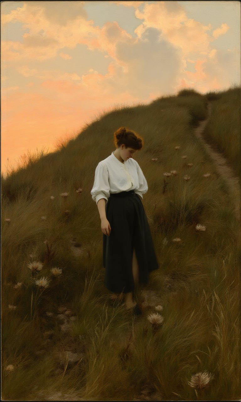 sargent_x,oil painting style, 1800s, Victorian Style, dramatic mood,The image shows a young woman sitting on a grassy hillside. She is wearing a white blouse, black trousers, and black shoes. Her hair is tied up in a messy bun and she is looking down at the ground with a contemplative expression on her face. The sky is a beautiful orange and pink color, indicating that it is either sunrise or sunset. The hillside is covered in dry grass and shrubs, and there is a dirt path winding through it. The overall mood of the image is peaceful and serene.,oil painting style, 1800s, Victorian Style, dramatic mood