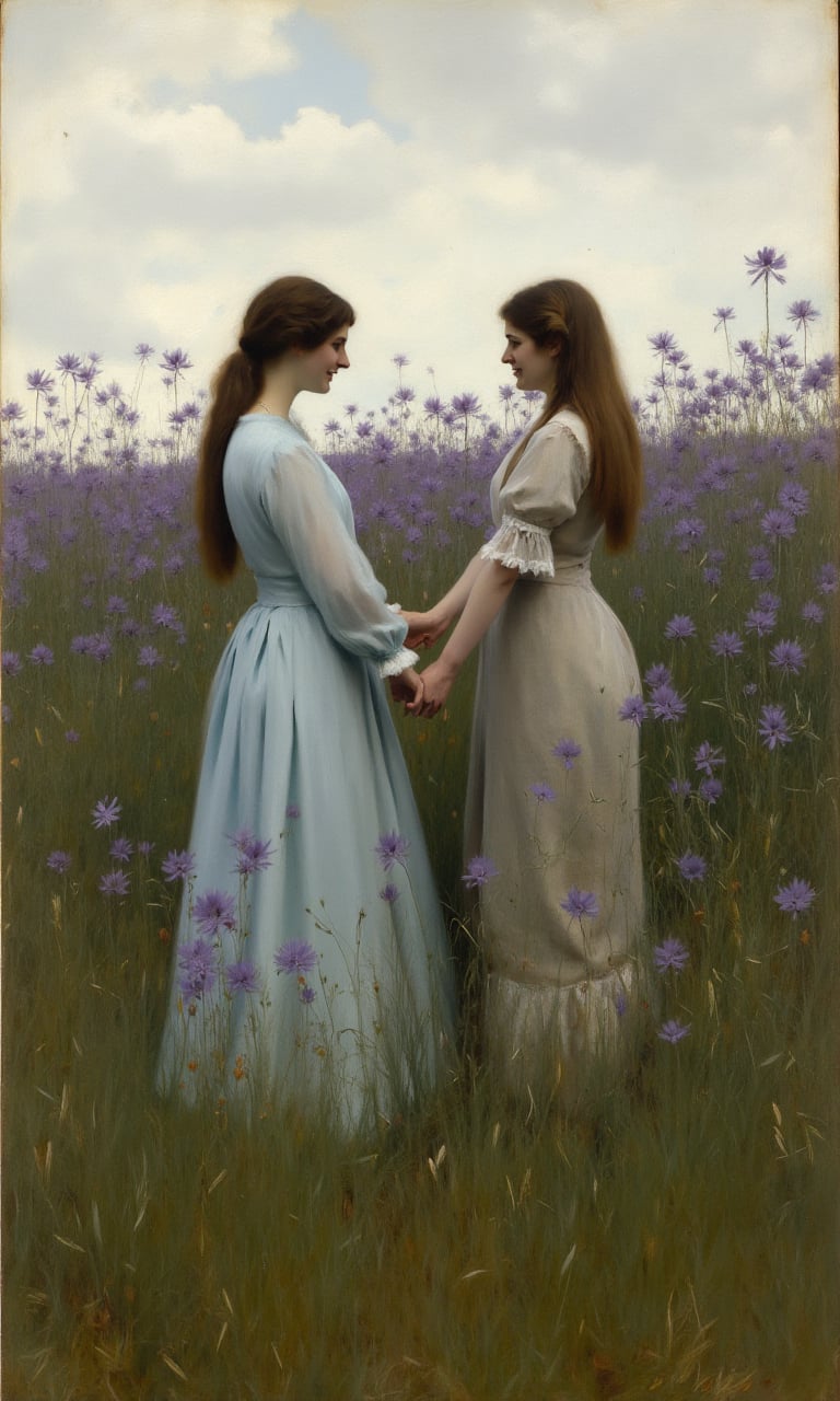 sargent_x, oil painting style, 1800s, Victorian Style, dramatic mood, The image shows two young women standing in a field of tall purple flowers. They are facing each other and their arms are stretched out in front of them, forming a heart shape. The woman on the left is wearing a light blue dress and has long brown hair. She is also wearing a striped dress. The sky is overcast and the overall mood of the image is peaceful and serene.,oil painting style, 1800s, Victorian Style, dramatic mood