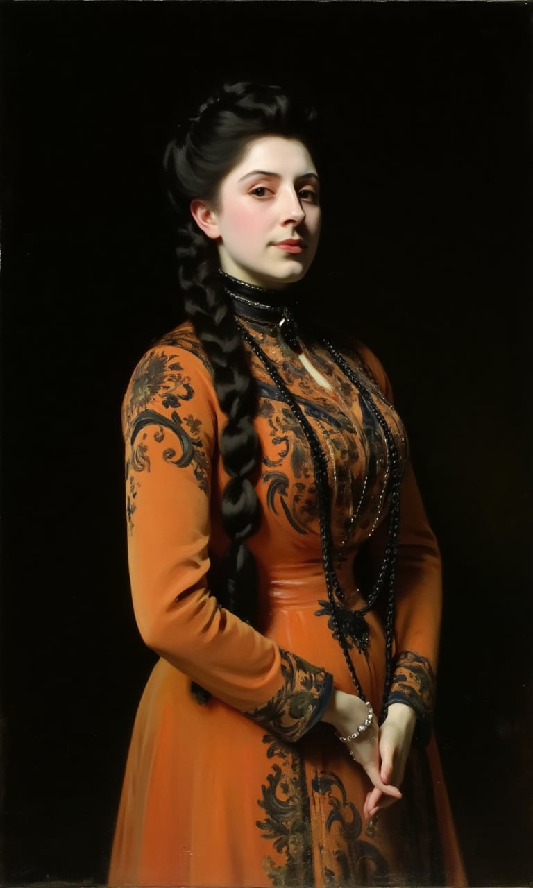 sargent_x, oil painting style, 1800s, Victorian Style, dramatic mood,Oil painting portrait of a young woman with dark hair styled in a braided updo. She is wearing a long orange blouse with a black and orange patterned design. The blouse has a high neckline and long sleeves. She has a black necklace with multiple strands of beads hanging from it. The woman is looking off to the side with a serious expression on her face. The background is black, making the woman the focal point of the image.,oil painting style, 1800s, Victorian Style, dramatic mood