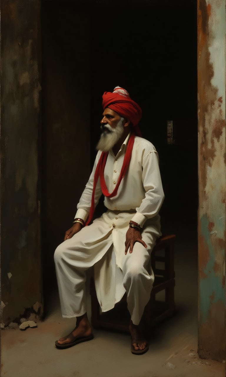 sargent_x, oil painting style, 1800s, Victorian Style, dramatic mood,The image shows an elderly man sitting on a stool in a dimly lit room. He is wearing a traditional Indian outfit, consisting of a white kurta and a red turban on his head. He has a red lanyard around his neck and is looking off to the side with a serious expression on his face. The room appears to be old and dilapidated, with peeling paint and crumbling walls. The overall mood of the image is somber and contemplative.,oil painting style, 1800s, Victorian Style,