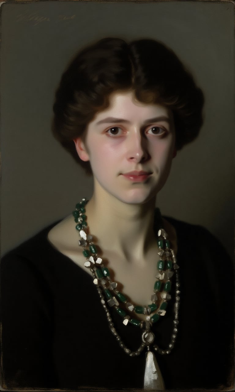 sargent_x, oil painting style, 1800s, Victorian Style, dramatic mood,Oil painting portrait of a young woman with short, dark hair. She is wearing a black top and a statement necklace. The necklace is made up of multiple strands of silver and green beads, with a large pendant in the center. The woman's face is turned slightly to the side, with her eyes looking directly at the camera. The background is a dark grey color, making the woman the focal point of the image. The lighting is dramatic, highlighting her features and emphasizing her features.,oil painting style, 1800s, Victorian Style, dramatic mood