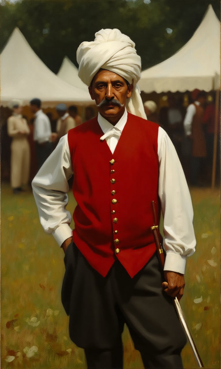 sargent_x, oil painting style, 1800s, Victorian Style, dramatic mood,The image shows an elderly man standing in an outdoor setting with tents and people in the background. He is wearing a red vest with gold buttons and a white turban on his head. He has a mustache and is holding a sword in his right hand. The man is standing with his left hand on his hip and is looking directly at the camera with a serious expression. The background is blurred, but it appears to be an outdoor event with trees and grass.