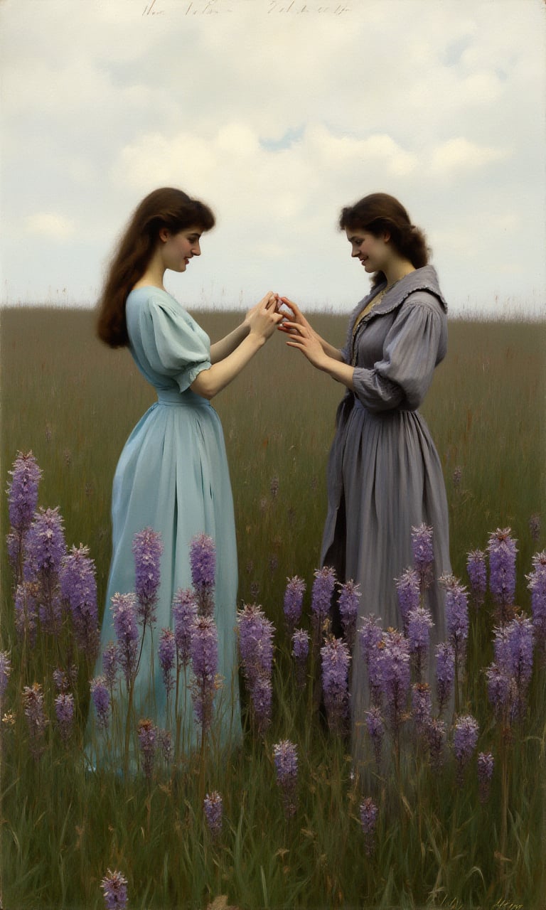 sargent_x, oil painting style, 1800s, Victorian Style, dramatic mood, The image shows two young women standing in a field of tall purple flowers. They are facing each other and their arms are stretched out in front of them, forming a heart shape. The woman on the left is wearing a light blue dress and has long brown hair. She is also wearing a striped dress. The sky is overcast and the overall mood of the image is peaceful and serene.,oil painting style, 1800s, Victorian Style, dramatic mood