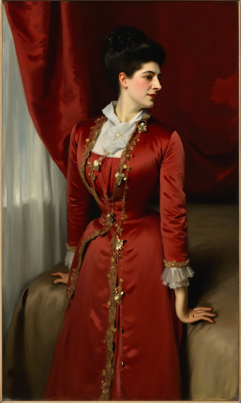 sargent_x, oil painting style, 1800s, Victorian Style, dramatic mood, Oil painting portrait of a woman sitting on a bed. She is wearing a long, red dress with gold embroidery and a white collar. The dress has a high neckline and long sleeves. The woman has dark hair styled in an updo and is looking off to the side with a serious expression on her face. The background is a red wall with white curtains. The overall mood of the image is somber and contemplative.,oil painting style, 1800s, Victorian Style,