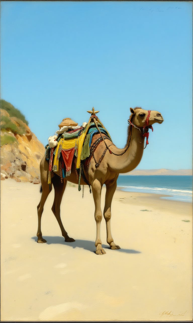 sargent_x, oil painting style, 1800s, Victorian Style, dramatic mood,The image shows a camel standing on a sandy beach with a clear blue sky in the background. The camel is wearing a colorful saddle and bridle, and it is looking towards the right side of the image. The saddle is decorated with various items, including a yellow and blue saddle, a red rope, and a few colorful bracelets. There are also a few other items scattered around the camel's body. In the distance, there is a body of water and a hill on the left side.,oil painting style, 1800s, Victorian Style, dramatic mood