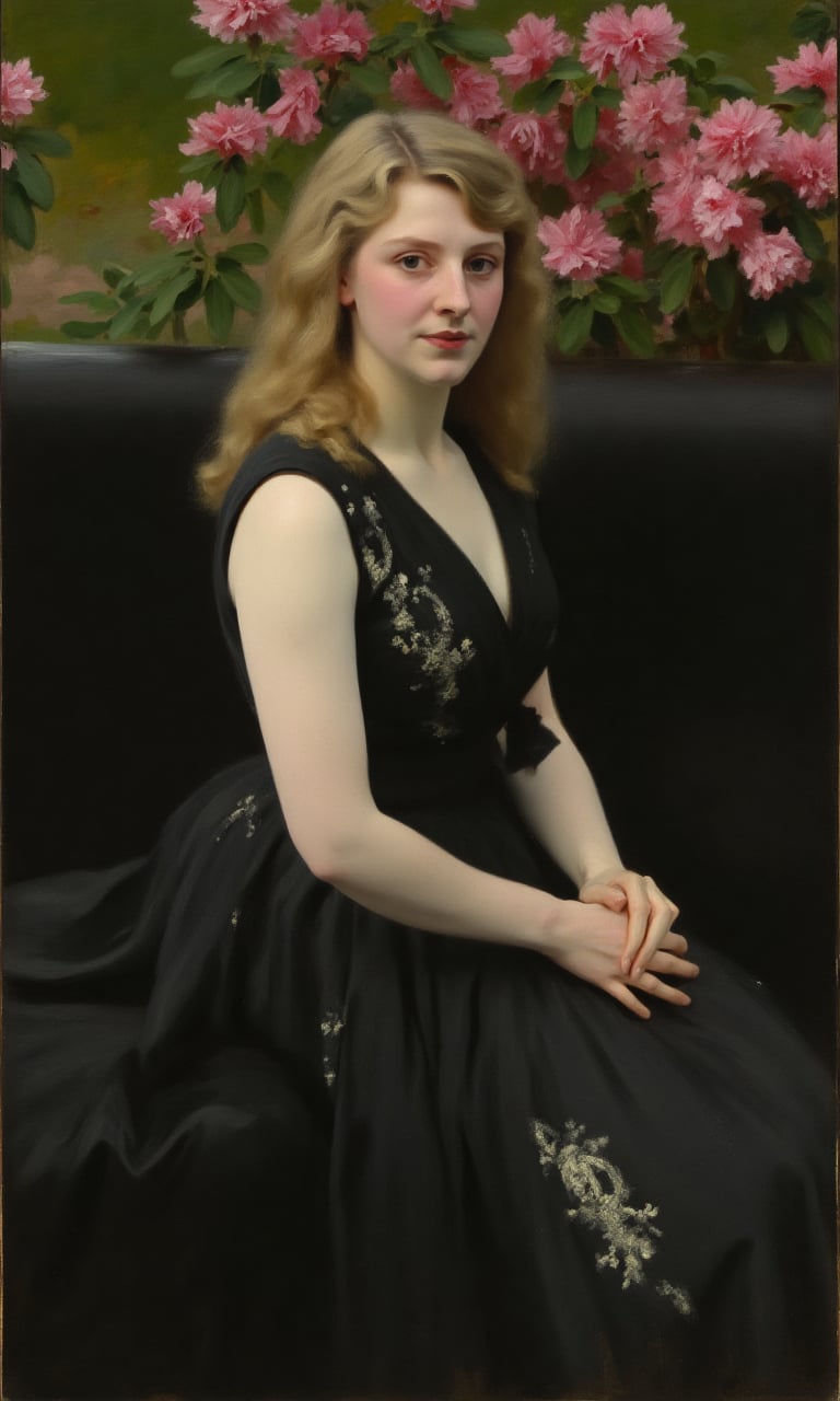 sargent_x, oil painting style, 1800s, Victorian Style, dramatic mood,Oil painting portrait of a young woman sitting on a black couch. She is wearing a black sleeveless dress with a white floral pattern. Her blonde hair is styled in loose waves and falls over her shoulders. She has a serious expression on her face and is looking directly at the camera. The background is blurred, but it appears to be a garden or park with pink flowers and greenery. The overall mood of the image is relaxed and casual.