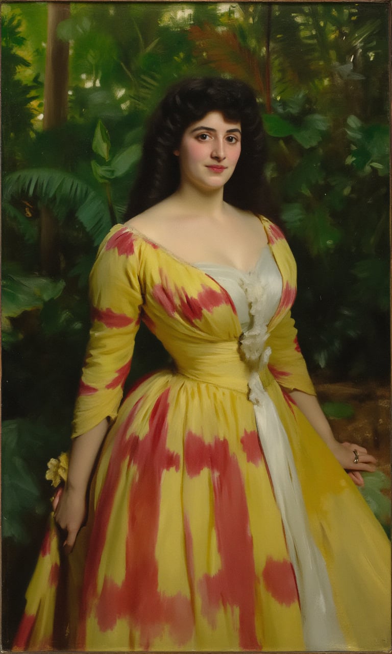 sargent_x, oil painting portrait of a young woman sitting in a tropical setting. She is wearing a long, flowy dress with a yellow and red tie-dye pattern. The dress has a deep V-neckline and long sleeves. The woman has shoulder-length dark hair styled in loose curls and is looking directly at the camera with a serious expression. The background is filled with green plants and foliage, creating a lush and tropical atmosphere. The lighting is soft and natural, highlighting the woman's features.,1800, Victorian Style