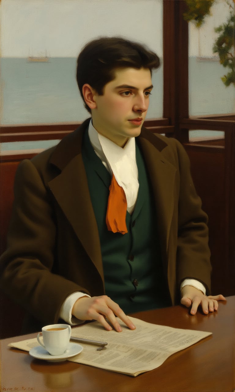 sargent_x,oil painting style, 1800s, Victorian Style, dramatic mood,The image shows a young man sitting at a wooden table in a cafe or restaurant. He is wearing a brown blazer, a green vest, and an orange tie. He has a serious expression on his face and is holding a newspaper in his hands. There is a white coffee cup on the table next to him. The background is blurred, but it appears to be a window with a view of the ocean. The overall mood of the image is relaxed and casual.,oil painting style, 1800s, Victorian Style, dramatic mood