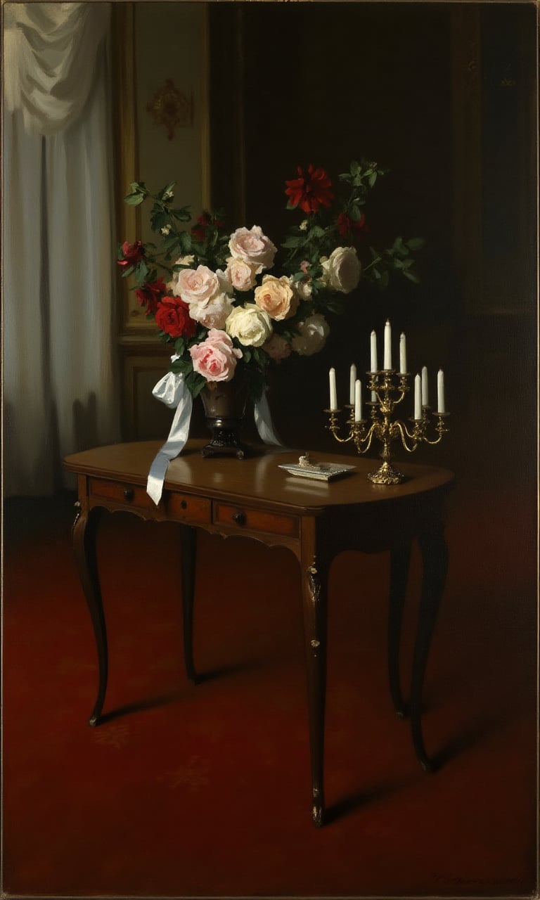 sargent_x, oil painting style, 1800s, Victorian Style, dramatic mood,The image shows a wooden table with a vase of flowers on it. The vase is filled with a variety of colorful flowers, including pink, white, and red roses, and is tied with a white ribbon. On the right side of the table, there is a candelabra with six white candles. The table is set in a dimly lit room with a red carpet and a window with white curtains in the background. The overall mood of the image is romantic and elegant.,oil painting style, 1800s, Victorian Style, dramatic mood