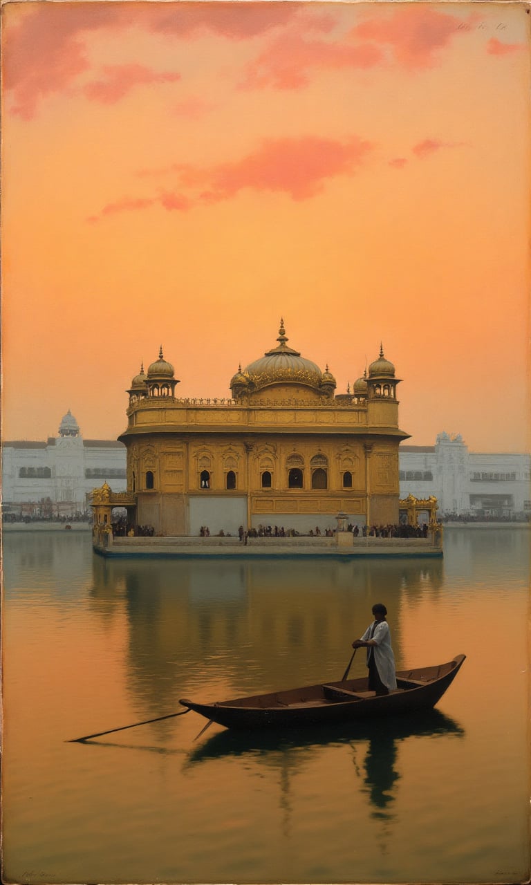 sargent_x, oil painting style, 1800s, Victorian Style, dramatic mood, Oil painting photograph of the Golden Temple in Amritsar, India. The temple is a large, ornate building with multiple domes and intricate carvings. It is located on the banks of the Ganges River, which is visible in the background. The sky is a beautiful orange and pink hue, indicating that it is either sunrise or sunset.

In the foreground, there is a small boat on the water, with a person rowing it. The person is wearing a traditional Indian outfit and is holding a paddle. The boat is small and appears to be made of wood. The water is calm and still, reflecting the colors of the sky. The overall mood of the image is peaceful and serene.