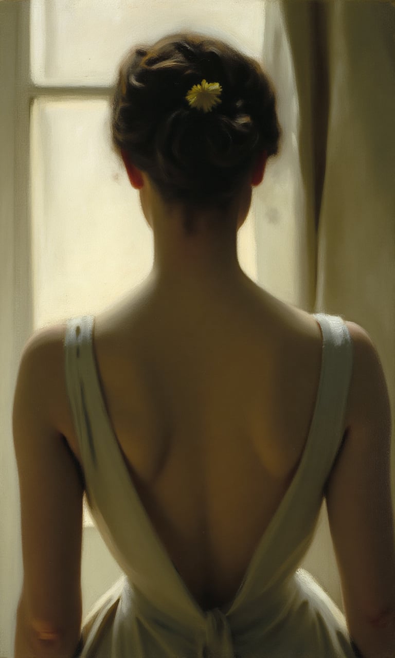 sargent_x, oil painting style, 1800s, Victorian Style, dramatic mood, Oil painting close-up of the back of a woman's body. She is standing in front of a window, with her back facing the camera. The woman's hair is pulled back in a messy bun with a small yellow flower pinned to it. The sun is shining through the window, creating a dandelion-like effect on the woman's skin. The background is blurred, but it appears to be a room with a white wall and a window. The overall mood of the image is somber and contemplative.,