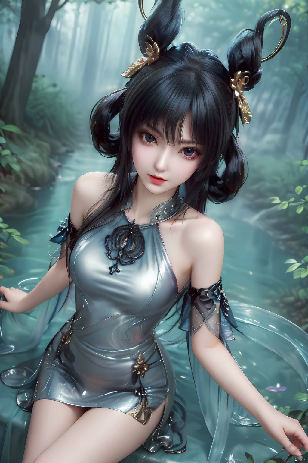 masterpiece, best quality, masterpiece,best quality,official art,extremely detailed CG unity 8k wallpaper,1girl,solo,long hair,black hair,hair ornament,looking at viewer,dress,bare shoulders,hair rings,jewelry,from above,legs