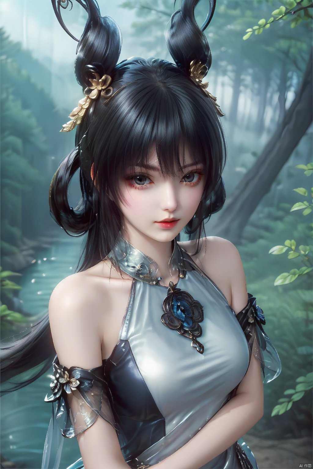 masterpiece, best quality, masterpiece,best quality,official art,extremely detailed CG unity 8k wallpaper,1girl,solo,long hair,black hair,hair ornament,looking at viewer,dress,bare shoulders,hair rings,jewelry,from above