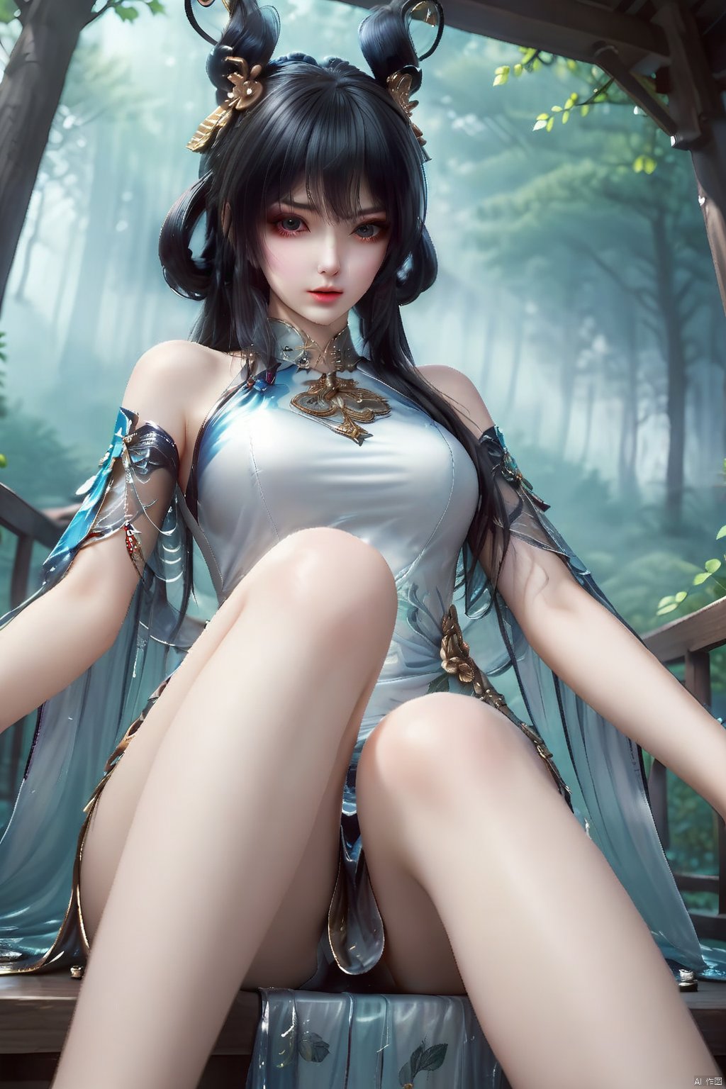 masterpiece, best quality, masterpiece,best quality,official art,extremely detailed CG unity 8k wallpaper,1girl,solo,long hair,black hair,hair ornament,looking at viewer,dress,bare shoulders,hair rings,jewelry,from below,legs,white china dress,sitting,(from below:1.3)