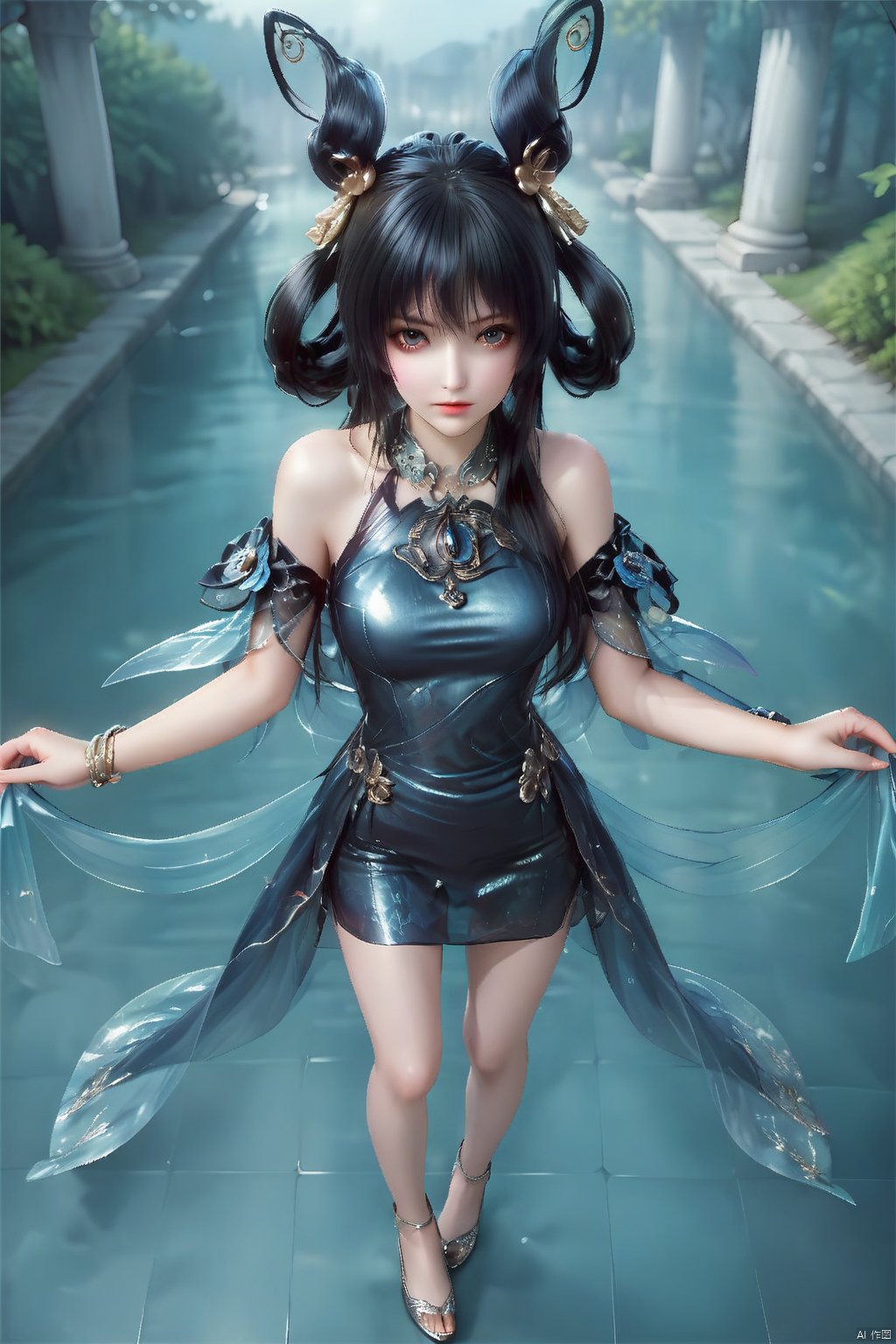 masterpiece, best quality, masterpiece,best quality,official art,extremely detailed CG unity 8k wallpaper,1girl,solo,long hair,black hair,hair ornament,looking at viewer,dress,bare shoulders,hair rings,jewelry,from above,full body