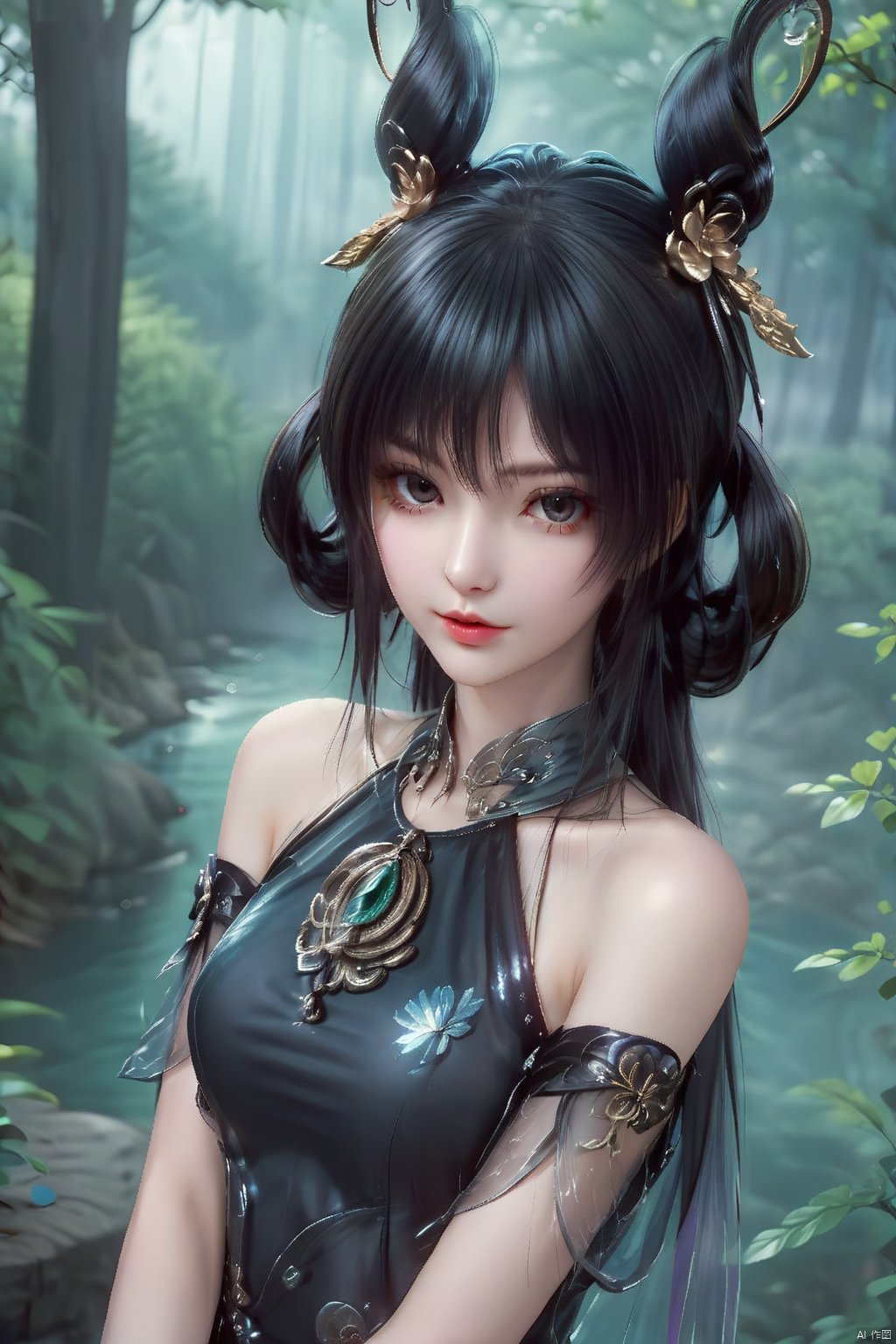 masterpiece, best quality, masterpiece,best quality,official art,extremely detailed CG unity 8k wallpaper,1girl,solo,long hair,black hair,hair ornament,looking at viewer,dress,bare shoulders,hair rings,jewelry,(portrait:1.3),from above