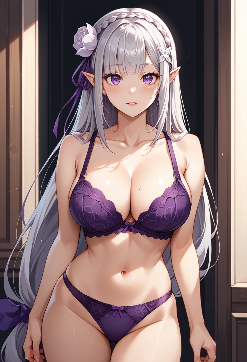 score_9, score_8_up, score_7_up, source_anime, EmiliaReZero, grey hair, long hair, crown braid, hair ornament, hair flower, hair ribbon, purple ribbon, purple eyes, pointy ears, 1girl, solo, purple bra, purple panties, large breasts, cowboy shot, sleeveless, bare arms, collarbone, looking at viewer