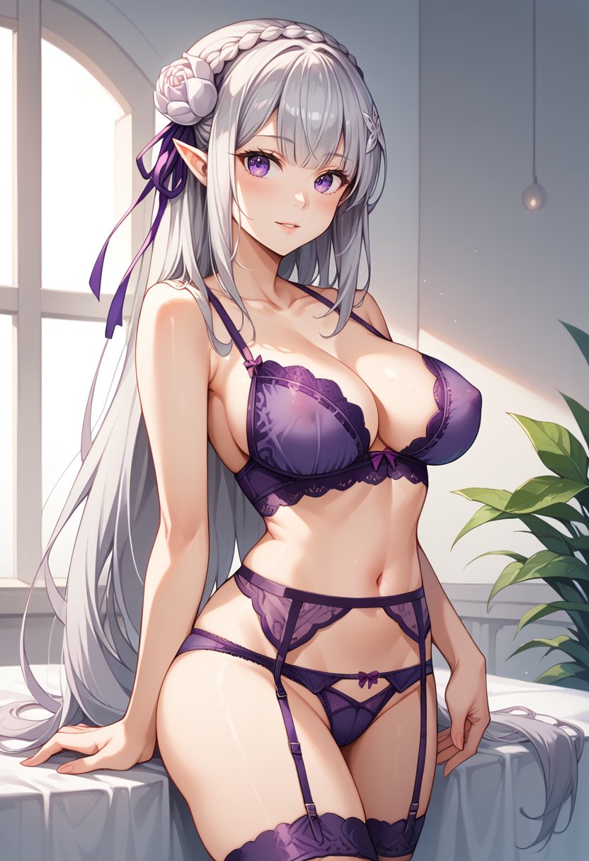 score_9, score_8_up, score_7_up, source_anime, EmiliaReZero, grey hair, long hair, crown braid, hair ornament, hair flower, hair ribbon, purple ribbon, purple eyes, pointy ears, 1girl, solo, purple lingerie, garter belt, large breasts, cowboy shot, sleeveless, bare arms, collarbone, covered nipples,  navel