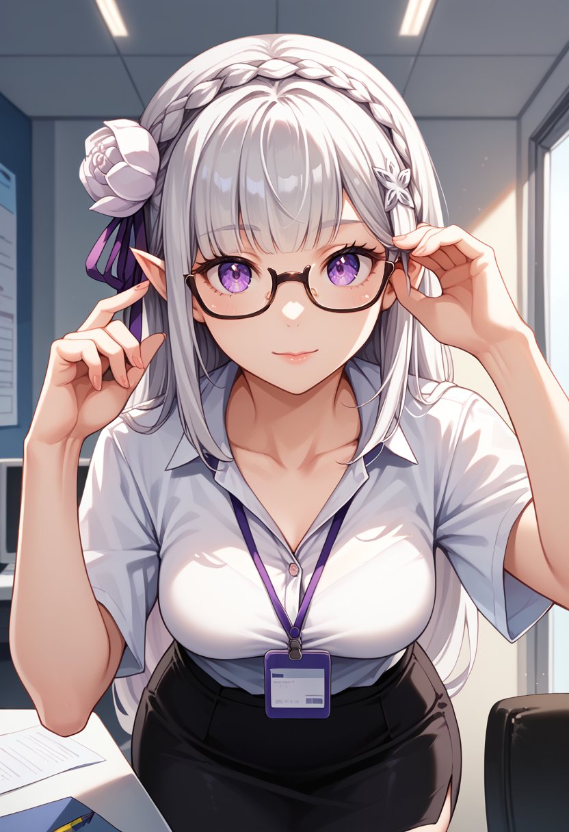 score_9, score_8_up, score_7_up, source_anime, EmiliaReZero, grey hair, long hair, crown braid, hair ornament, hair flower, hair ribbon, purple ribbon, purple eyes, pointy ears, 1girl, solo, looking at viewer, shirt, medium breasts, closed mouth, collarbone, short sleeves, glasses, black skirt, leaning forward, semi-rimless eyewear, pencil skirt, adjusting eyewear, office lady