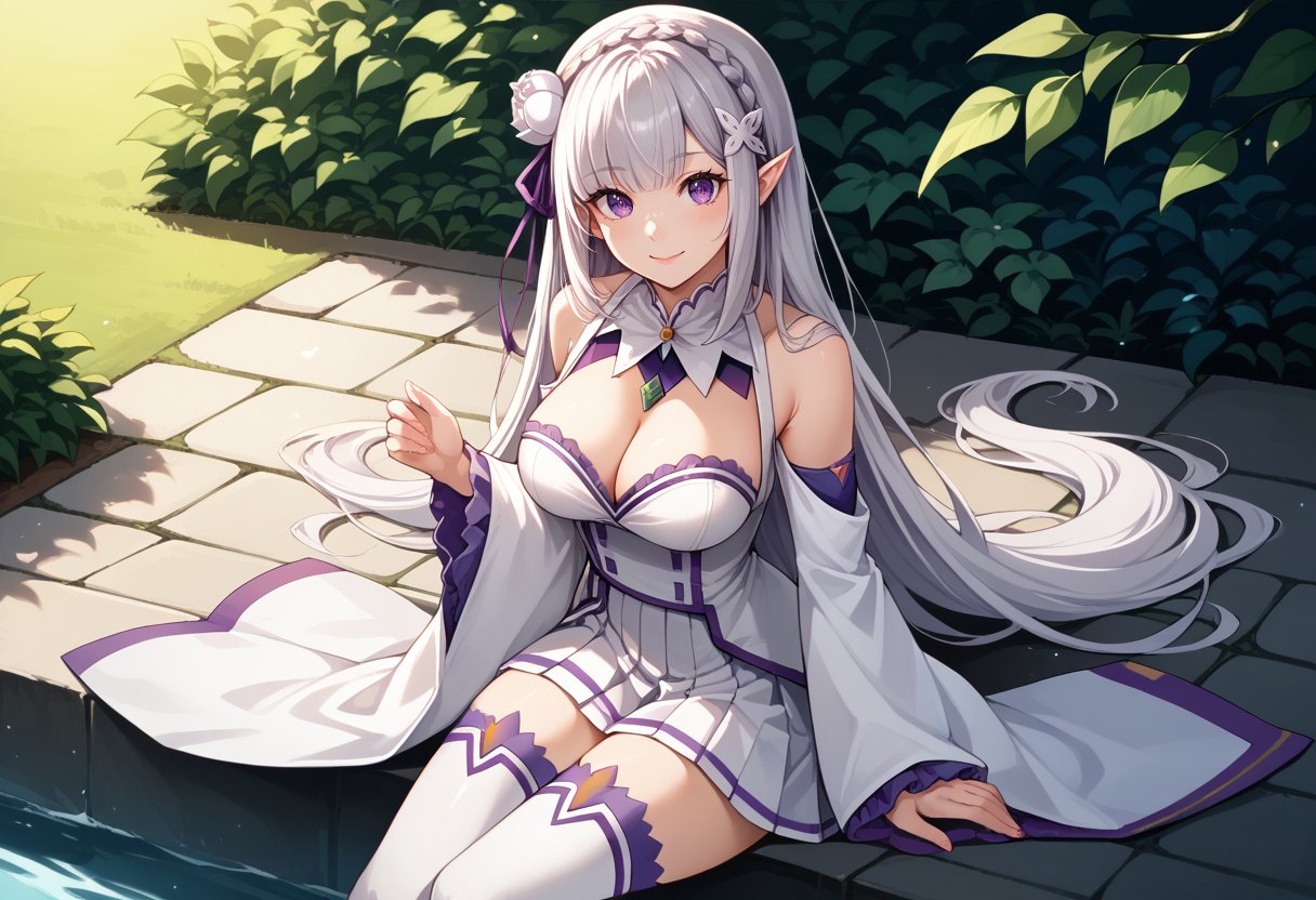 score_9, score_8_up, score_7_up, source_anime, EmiliaReZero, grey hair, long hair, crown braid, hair ornament, hair flower, hair ribbon, purple ribbon, purple eyes, pointy ears, detached collar, white dress, detached sleeves, cleavage, bare shoulders, white skirt, miniskirt, pleated skirt, white thighhighs, thigh boots, zettai ryouiki, 1girl, solo, looking at viewer, large breasts, long sleeves, sitting, closed mouth, smile, wide sleeves, 