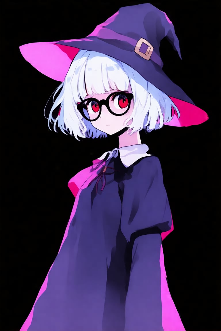 anime style, 1girl, solo, white hair. red eyes, witch clothes, looking at viewer, black background, short hair, black glasses, standing, whitch hat, pastel palette