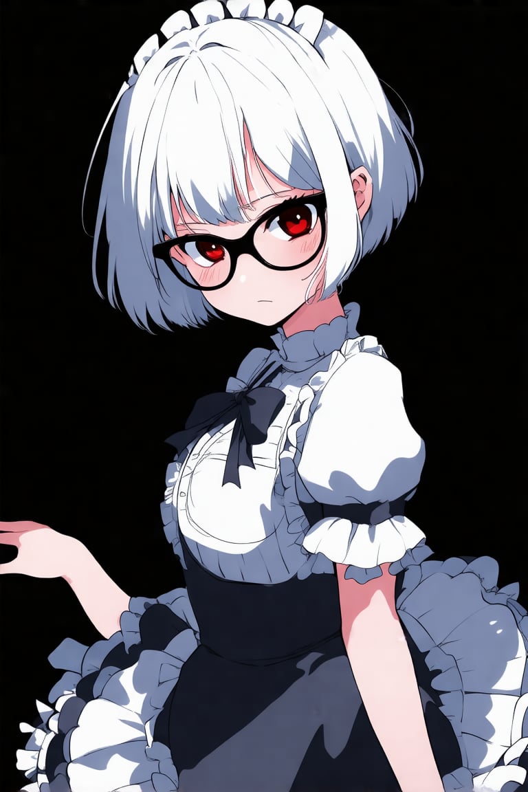 anime style, 1girl, solo, white hair. red eyes, maid dress, looking at viewer, black background, short hair, black glasses, standing,