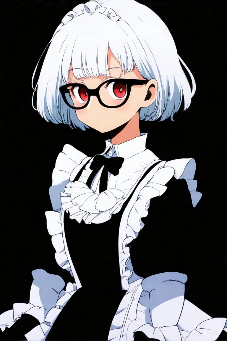 anime style, 1girl, solo, white hair. red eyes, maid dress, looking at viewer, black background, short hair, black glasses, standing,