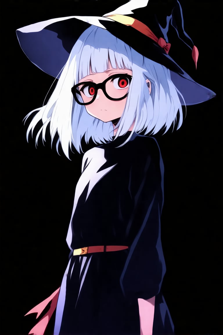 anime style, 1girl, solo, white hair. red eyes, witch clothes, looking at viewer, black background, short hair, black glasses, standing, whitch hat